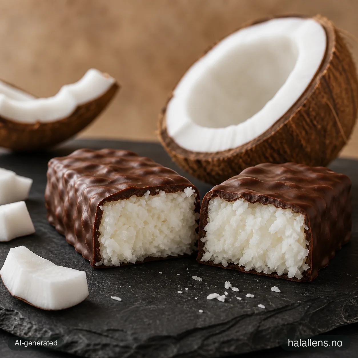 Coconut chocolate bar cut showing white filling (AI-generated illustration)