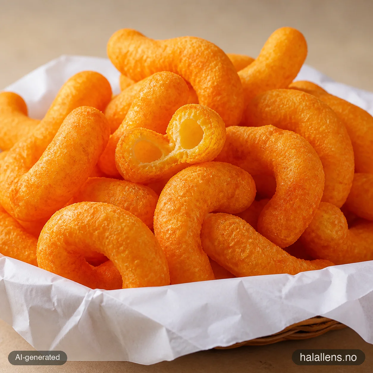 Puffy cheese snacks in a paper-lined basket (AI-generated illustration)
