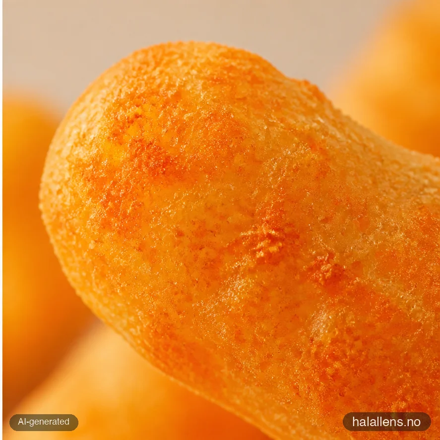 Macro of crunchy cheese dust texture on a single puff (AI-generated illustration)