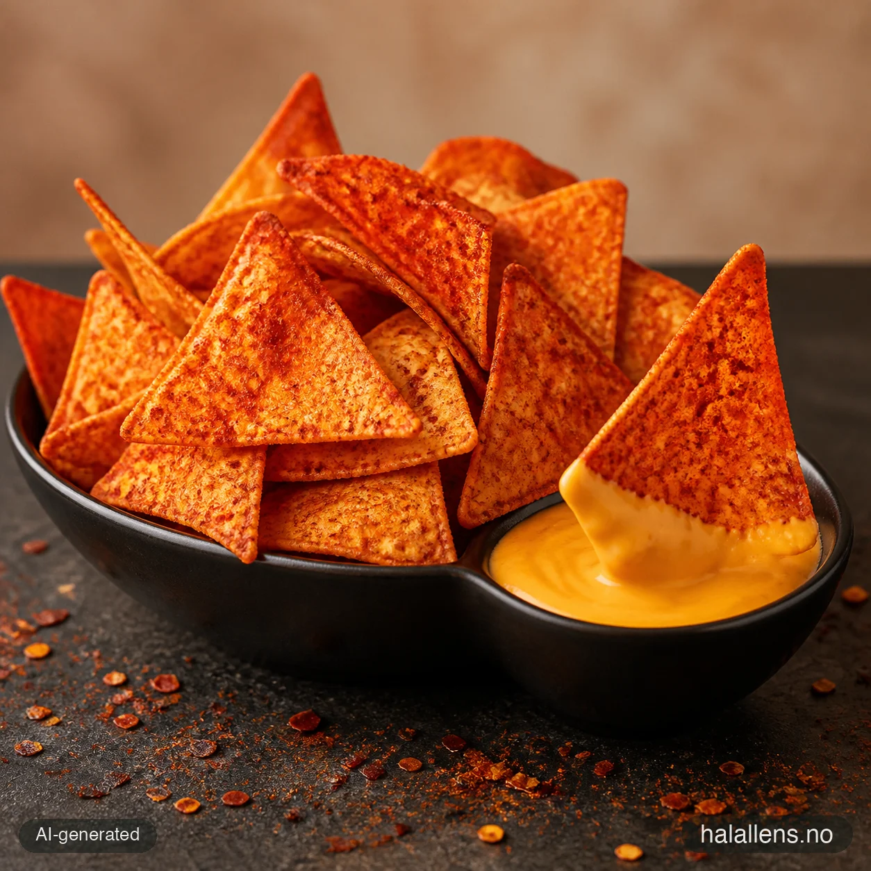 Seasoned tortilla chips with cheese dip (AI-generated illustration)