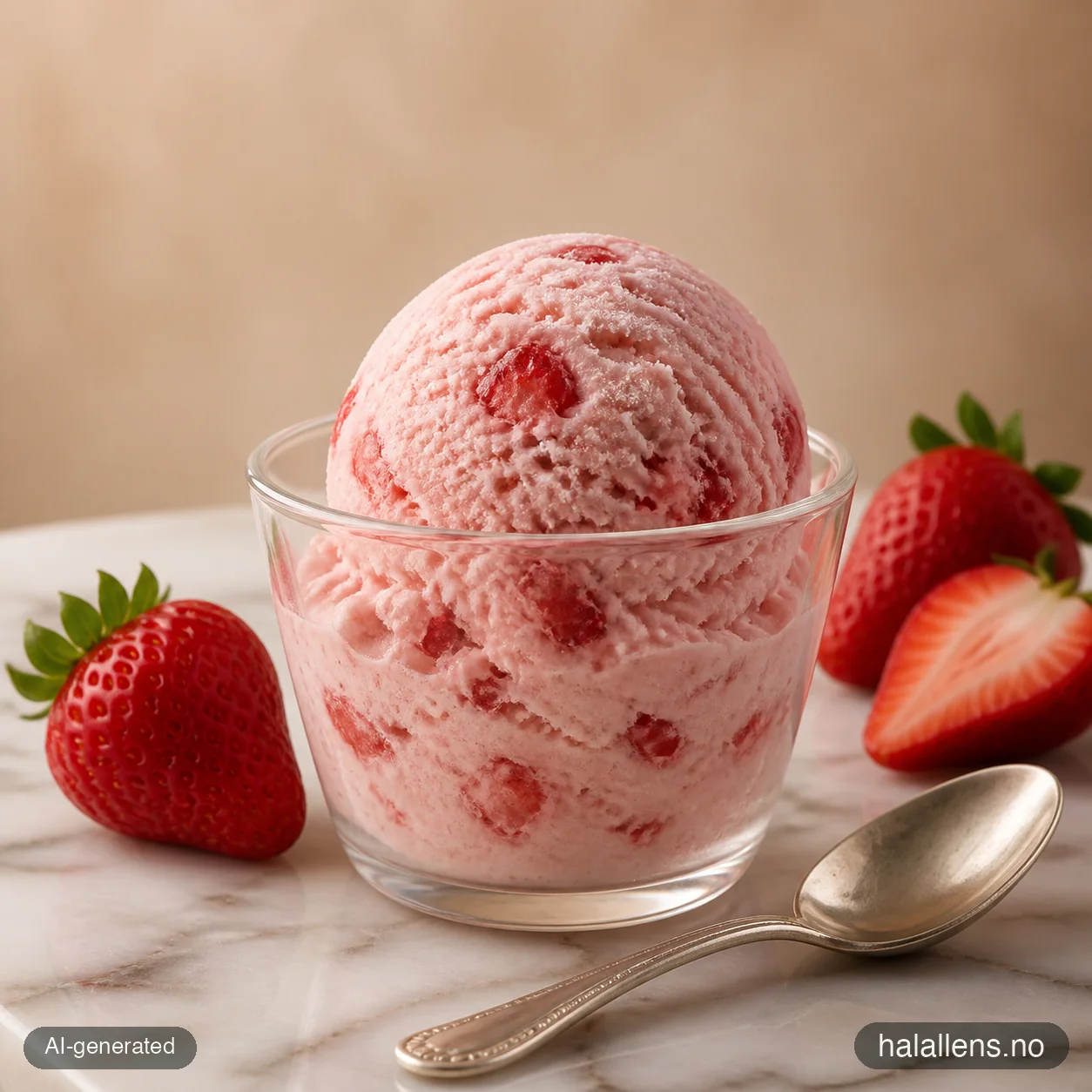 Strawberry ice cream scoop in a glass cup (AI-generated illustration)