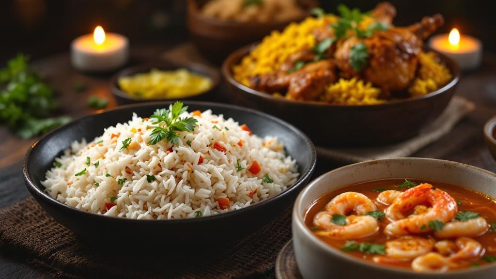 A close-up spread of diverse halal iftar foods from Southeast Asia and the Middle East