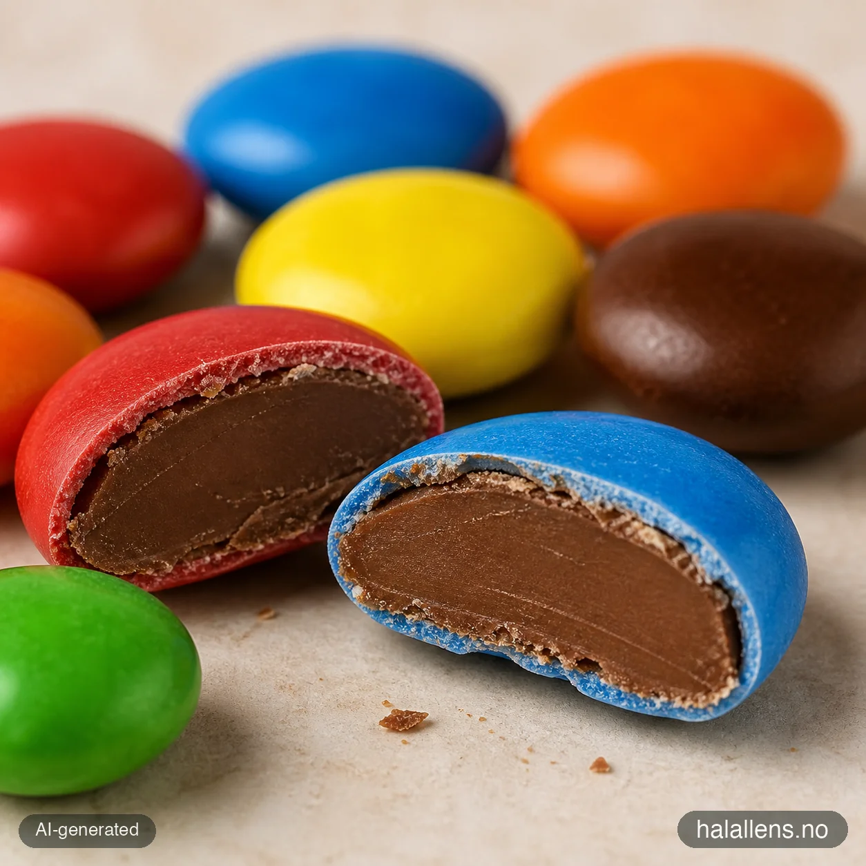 Cross-section of candy shell and chocolate centre (AI-generated illustration)