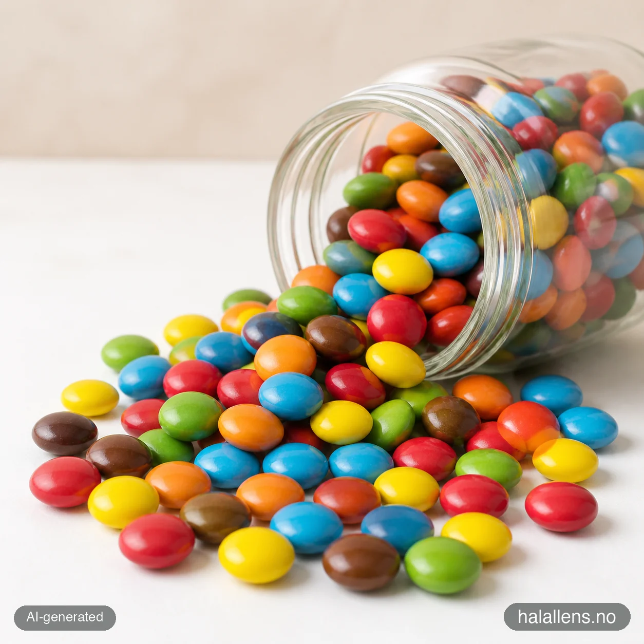 Candy-coated chocolate buttons spilling from a jar (AI-generated illustration)