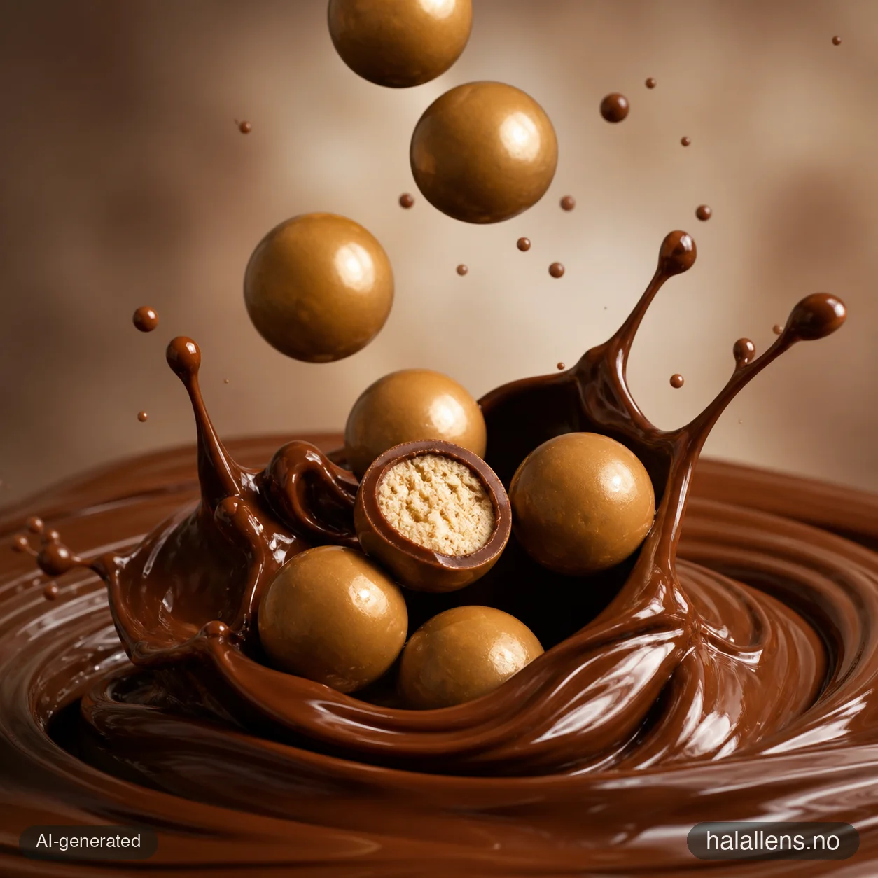 Maltkugler over en spiral af flydende chokolade (AI-genereret illustration)