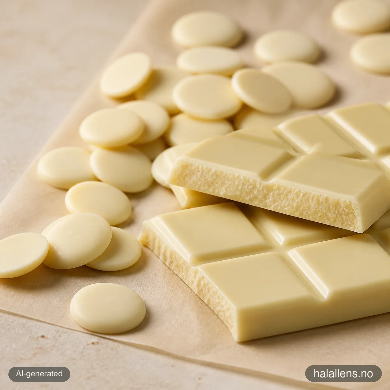 White chocolate buttons and broken bar (AI-generated illustration)