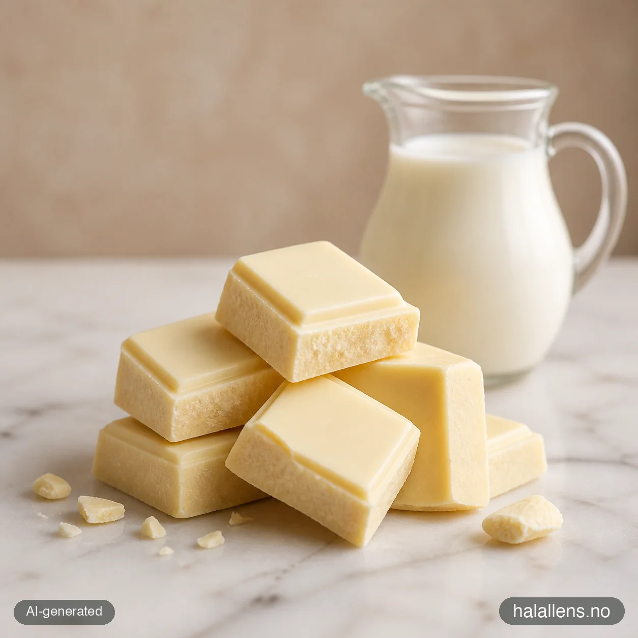 White chocolate chunks with fresh milk (AI-generated illustration)