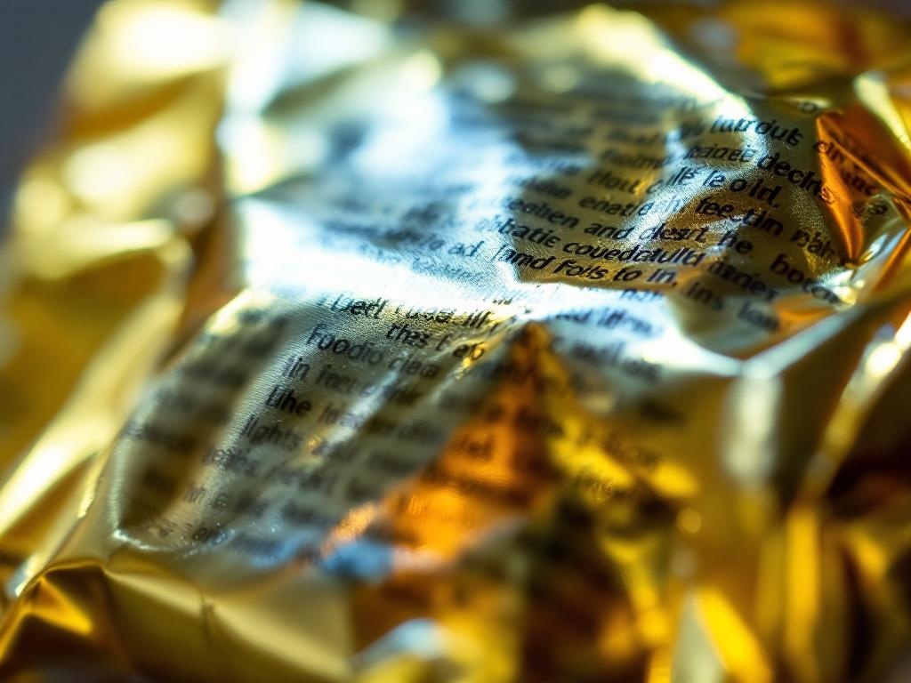 Macro close-up of tiny ingredient text on shiny curved food packaging with glare and reflections