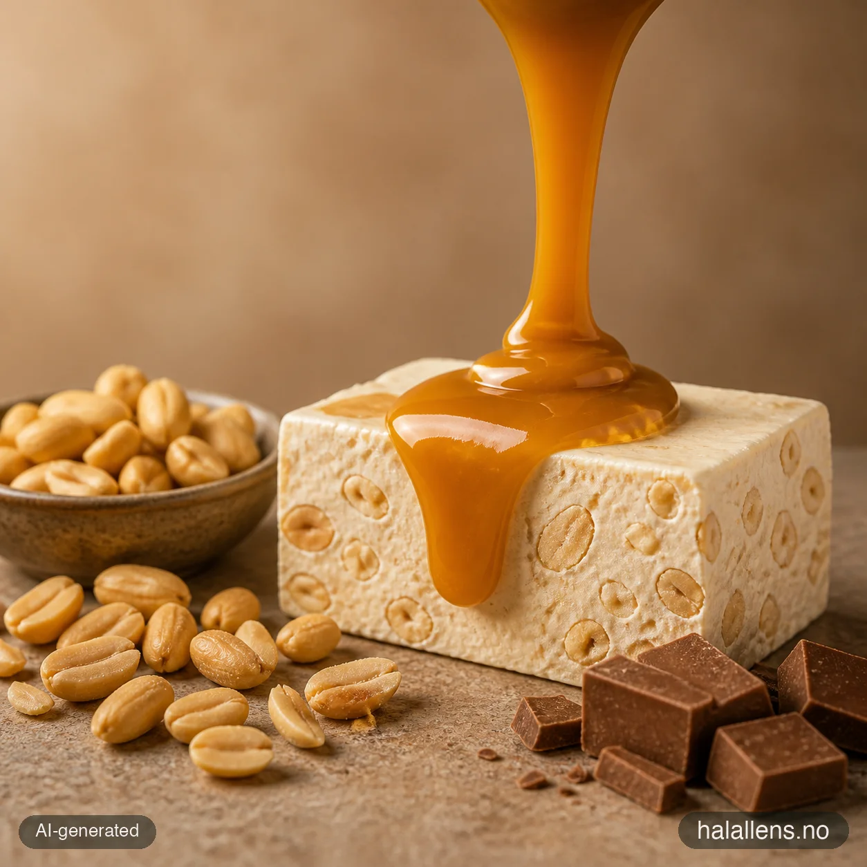 Caramel drizzled over peanuts and nougat (AI-generated illustration)