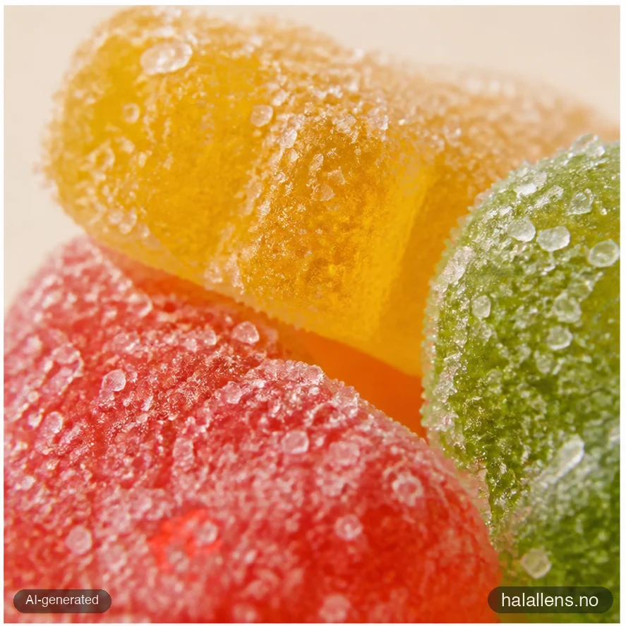 Sour sugar crystals coating translucent gummies macro (AI-generated illustration)