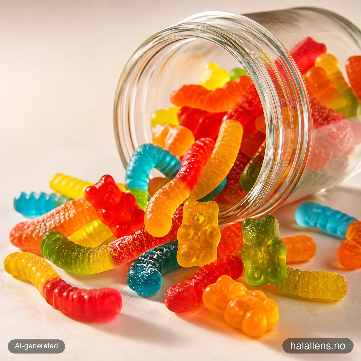 Gummy worms and bears tumbling from a glass jar (AI-generated illustration)