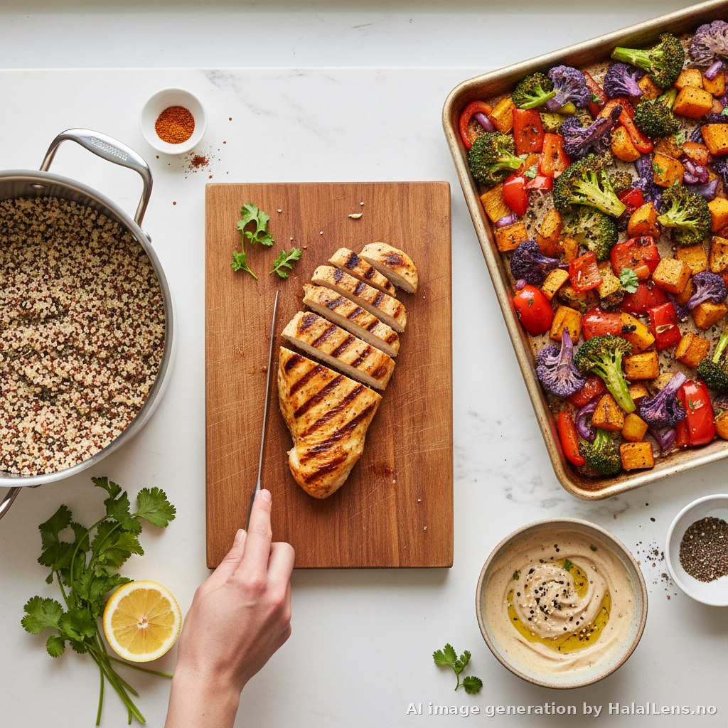 Halal Chicken Buddha Bowl -- Quinoa, Roasted Veg and Tahini Dressing