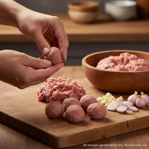 Forming bakso meatballs by hand with beef mixture