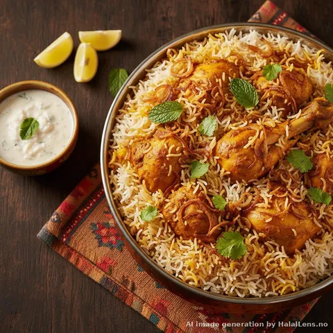 Authentic Hyderabadi chicken biryani in a copper handi pot with saffron rice, crispy fried onions, fresh mint leaves, and lemon wedges