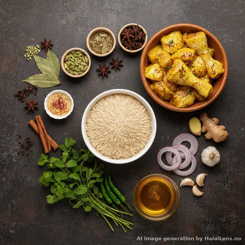 Flat lay of chicken biryani ingredients — basmati rice, marinated chicken, whole spices, saffron, fresh herbs, ghee, and sliced onions on a dark surface