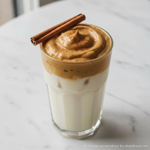 Gelas tinggi kopi dalgona dengan buih kopi tebal di atas susu ais, permukaan marmar