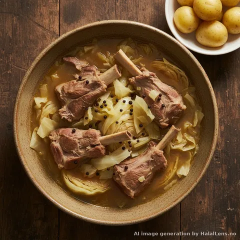 Sebuah mangkuk dalam Fårikål, stew kambing Norway dengan potongan daging kambing bertulang, kubis putih lembut, dan biji lada hitam utuh dalam kuah keemasan yang kaya