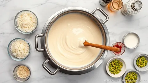 Overhead view of firni being prepared in a heavy pot, the thick white mixture being stirred with a wooden spoon, small bowls of soaked ground rice, cardamom pods, saffron, and crushed pistachios arranged on a marble counter