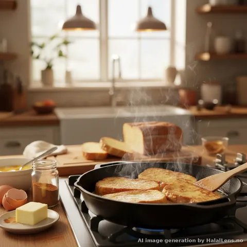 French toast slices browning in butter in a skillet