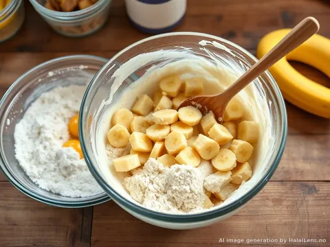 Ripe bananas being mashed in a bowl with eggs and oil for halal banana muffin batter