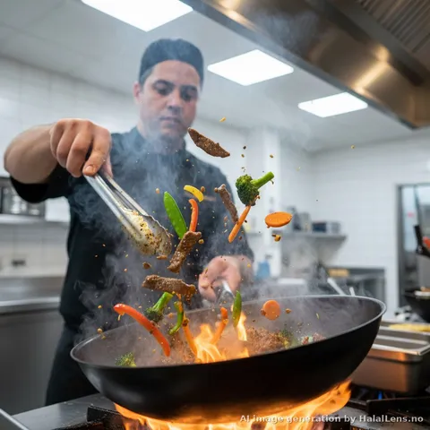 Beef stir fry cooking in a hot wok with vegetables tossed in mid-air