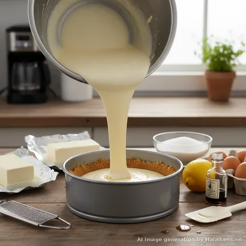 Smooth cream cheese cheesecake batter being poured into springform pan surrounded by halal baking ingredients