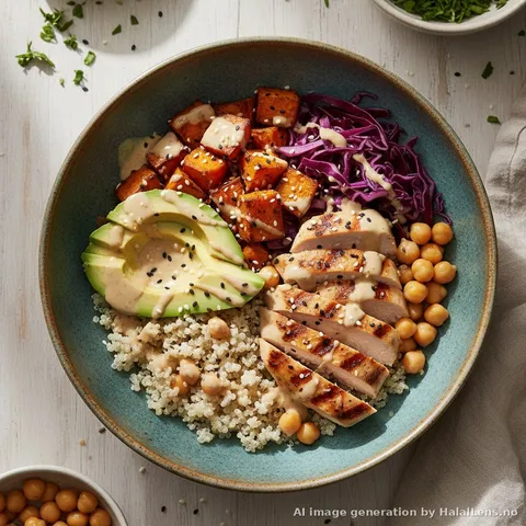 Halal Chicken Buddha Bowl -- Quinoa, Roasted Veg and Tahini Dressing