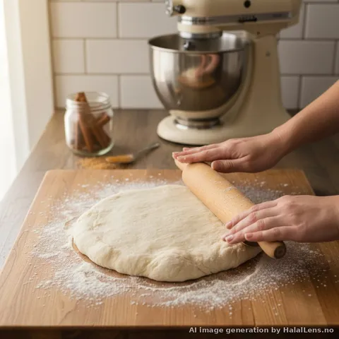 Step-by-step process of making halal cinnamon rolls: rolling dough, spreading cinnamon filling, slicing rolls