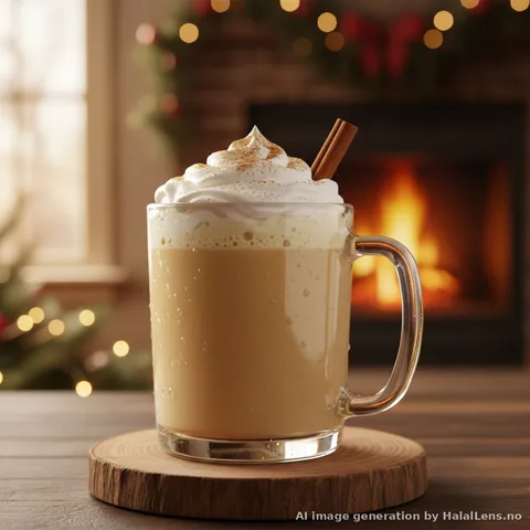 Halal eggnog in a glass mug with whipped cream and nutmeg dusting, cinnamon stick, holiday fireplace background