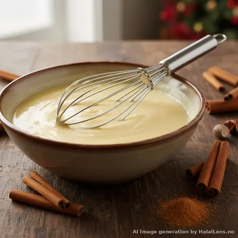 Whisking egg yolks and sugar to make halal eggnog custard base
