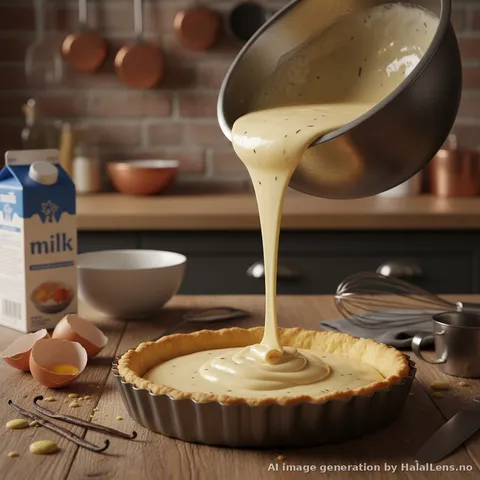 Dicke Vanillecreme wird in eine Pastetenschale für Flan Pâtissier gegossen