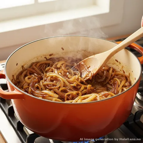 Caramelizing onions in a large Dutch oven, golden brown deeply caramelized sweet onions cooking in butter with a wooden spoon