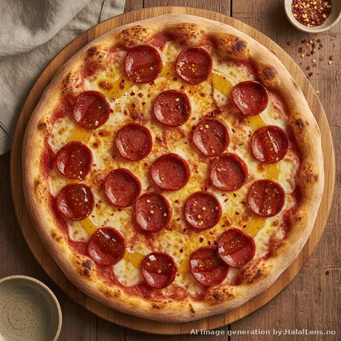 Halal hot honey pepperoni pizza sliced with a glossy chili honey drizzle