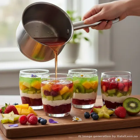 Menuang campuran agar agar cair ke dalam gelas untuk membuat jello buah berlapis