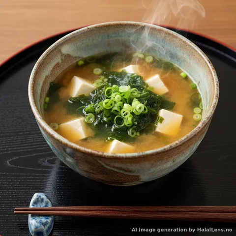 Traditional Japanese ceramic bowl filled with golden miso soup with cubes of white silken tofu, dark green wakame seaweed, and sliced green onions on top