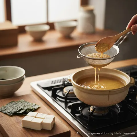A small pot on a stove with golden miso broth being stirred with a wooden spoon, a small strainer with miso paste being dissolved, kombu seaweed and tofu cubes on cutting board beside the pot