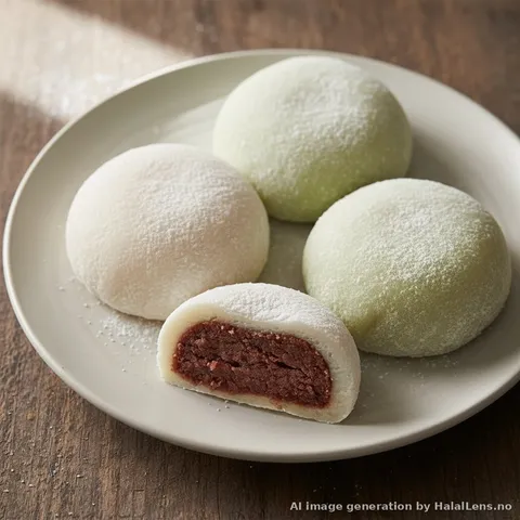 Homemade halal daifuku mochi on a white ceramic plate, soft rice cakes dusted with potato starch, one cut open revealing red bean filling