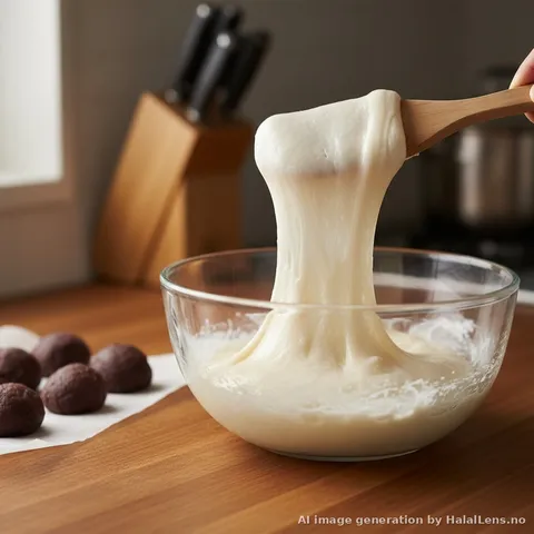 Glutinous rice flour dough being stretched in a glass bowl after microwaving, showing the elastic sticky texture of mochi dough being prepared