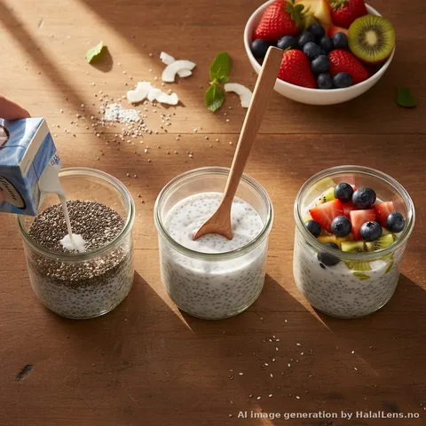 Pouring coconut milk into glass jar with chia seeds to prepare overnight suhoor pudding