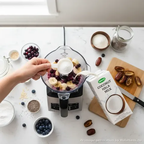 Halal protein smoothie bowl preparation process with blender, medjool dates, coconut milk and acai powder