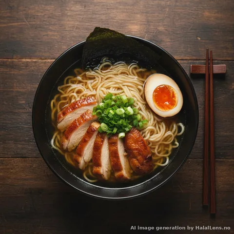 Halal ramen broth with chicken chintan, noodles and toppings