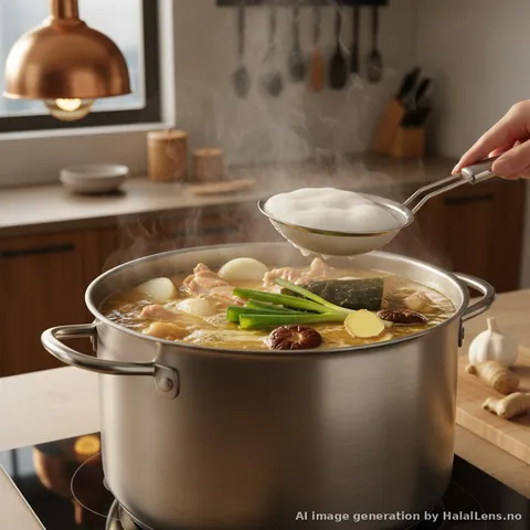 Stockpot simmering chicken bones, kombu, and aromatics for ramen broth