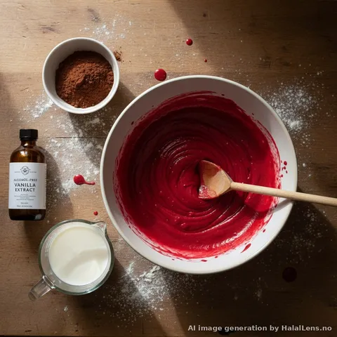 Red velvet cake baking process with mixing bowl of red batter, cocoa powder and alcohol-free vanilla extract