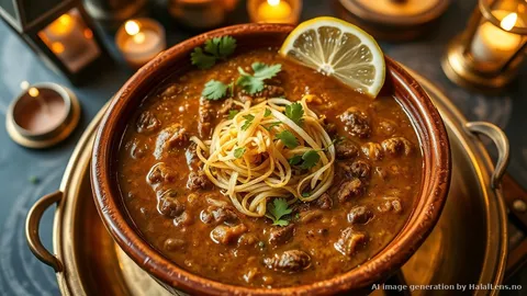 Deep bowl of dark amber Haleem Lahori garnished with crispy fried onions, julienned ginger, fresh green chilies, chopped cilantro, a lemon wedge, and a drizzle of ghee, served on a brass tray in old Lahore style