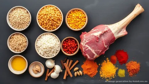 Flat lay of Haleem Lahori ingredients — seven types of grains and lentils in small bowls showing wheat berries, pearl barley, chana dal, moong dal, masoor dal, urad dal and broken rice alongside raw beef shank, whole spices, ginger, garlic, and a dish of ghee on a dark stone surface