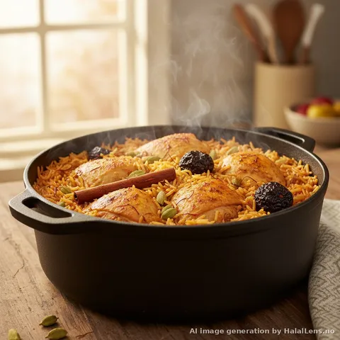 Kabsa cooking in a pot with chicken, rice, tomatoes, and whole spices