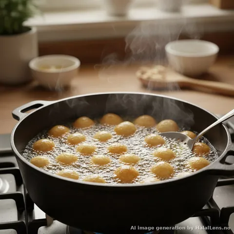 Luqaimat frying in hot oil, puffing and turning golden