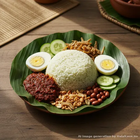 Malaysian nasi lemak with sambal, anchovies, peanuts and egg