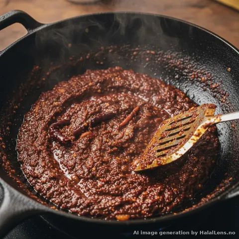 Close-up of dark red-brown sambal tumis being stir-fried in wok, showing thick oily consistency and deep color