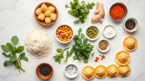 大理石の表面にパニプリの材料が並んだフラットレイ — セモリナ、ひよこ豆、じゃがいも、新鮮なミントとコリアンダーの束、青唐辛子、しょうが、タマリンドペースト、ブラックソルト、スパイスの小皿